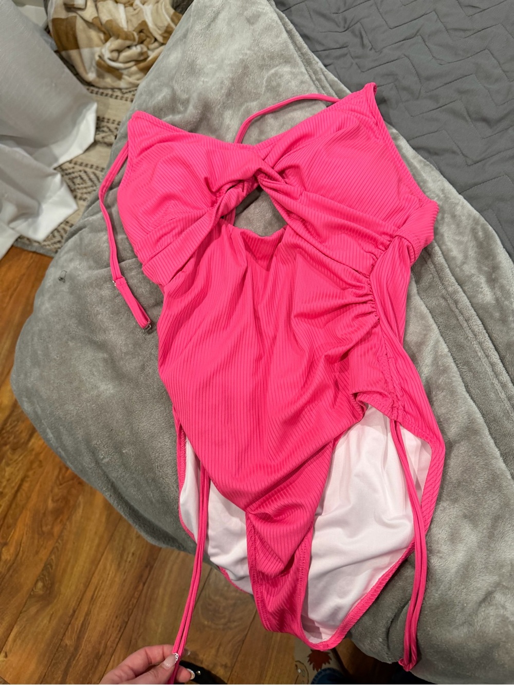 Ribbed Hot Pink One-Piece Swimsuit with Front Knot Detail